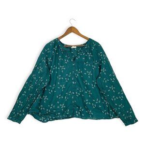 ANA Blouse Womens 2X Plus Green Floral Button Front Relaxed Balloon High Low Top